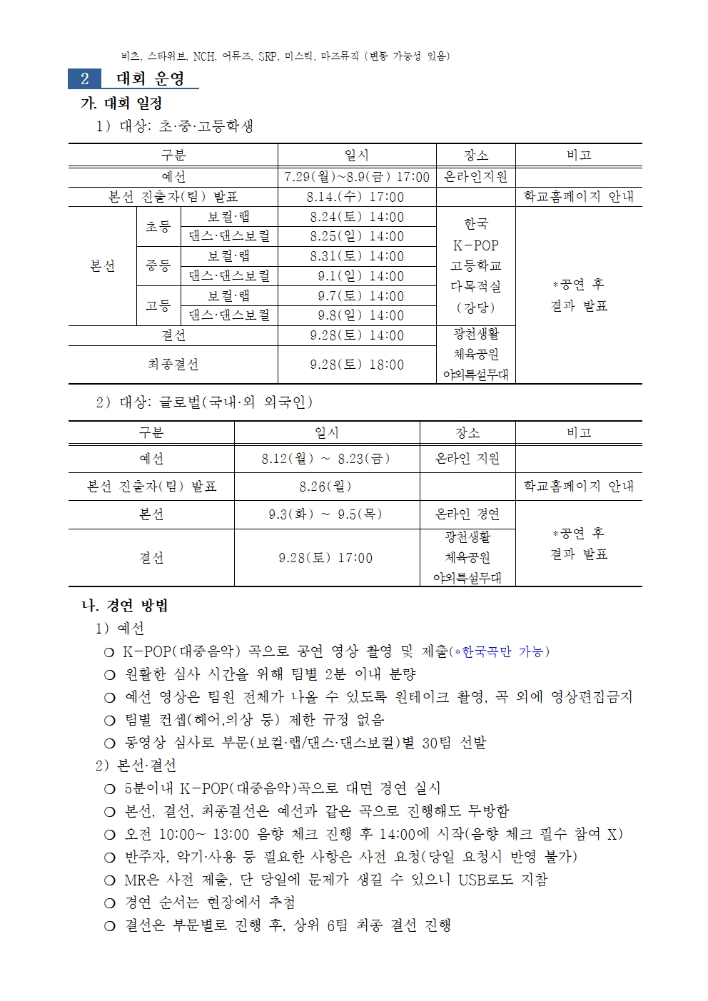 한국k-pop고등학교 한국K-POP고등학교_제7회 글로벌 청소년 K-POP 콘테스트 운영요강(수정)002