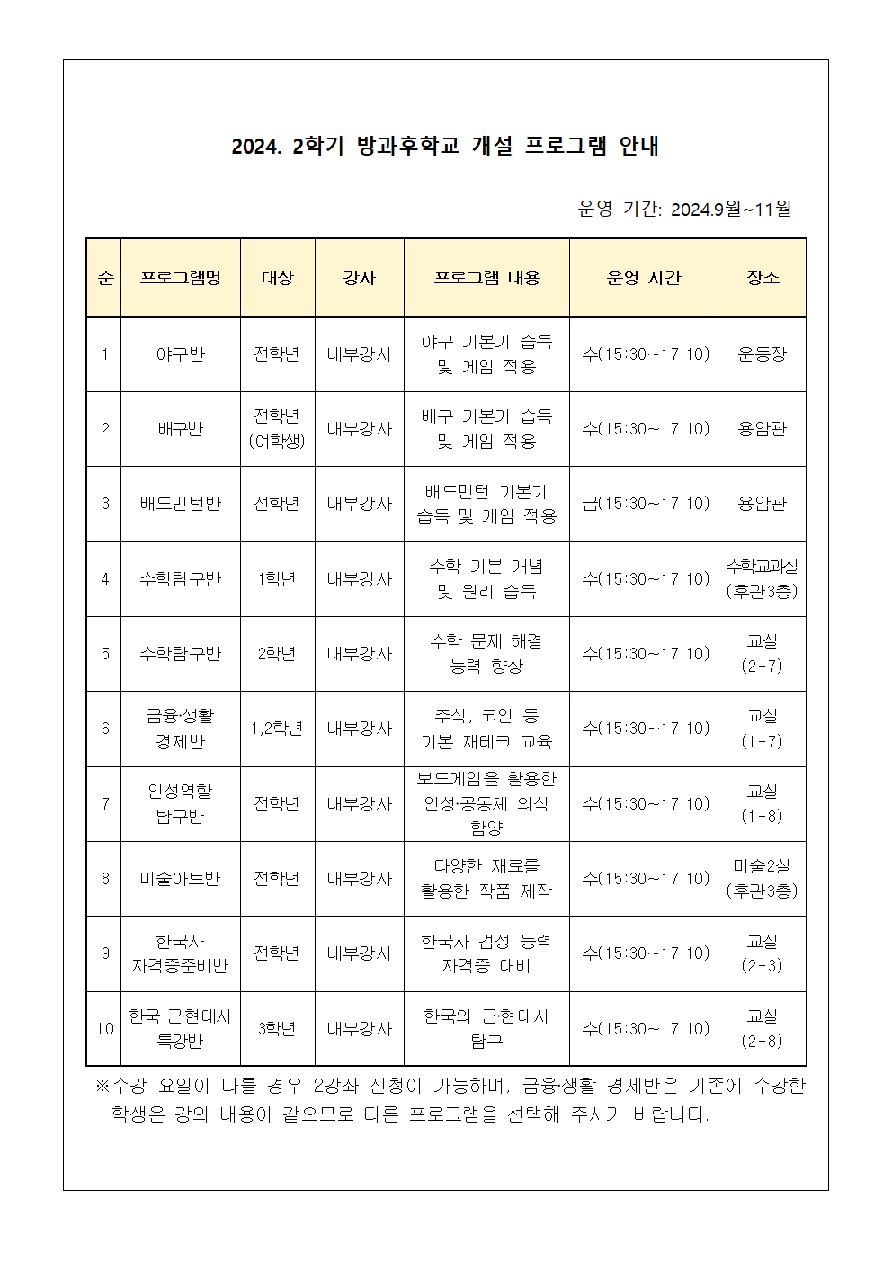 2024. 2학기 방과후학교 교육활동 수강 신청 안내(가정통신문)002