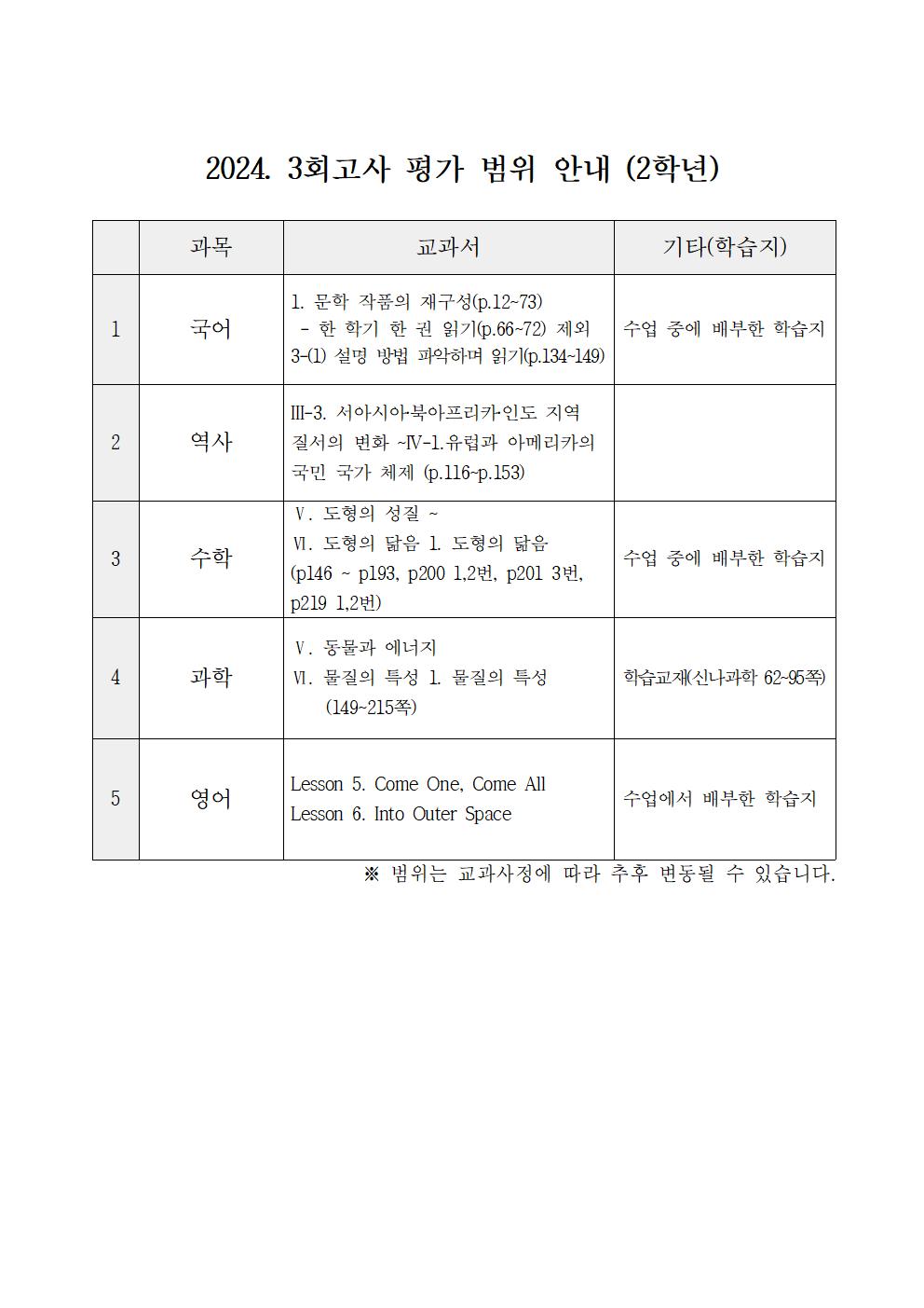 2024. 3회고사 평가 범위 안내(2학년)001