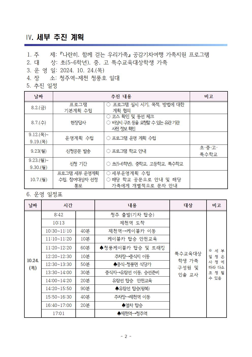 [청주성신학교-10134 (첨부) 충청북도청주교육지원청 특수교육지원센터] 2024.  『 나란히, 함께 걷는 우리가족』 공감기차여행 가족지원 프로그램 운영계획(발송용)002