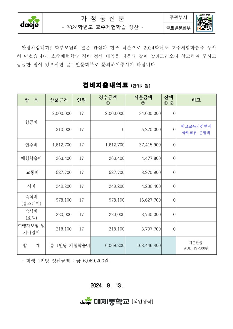 2024학년도 호주체험학습 정산 가정통신문_1