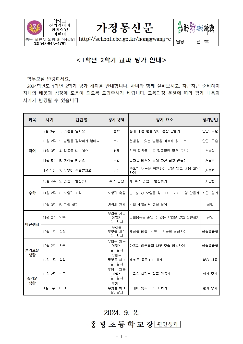 2024학년도 1학년 2학기 교과 평가 안내001