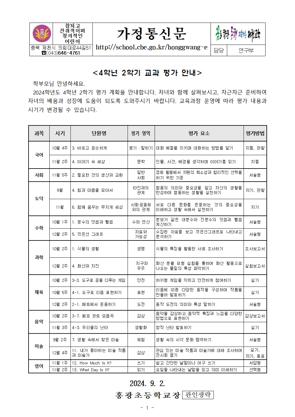 2024학년도 4학년 2학기 교과 평가 안내001