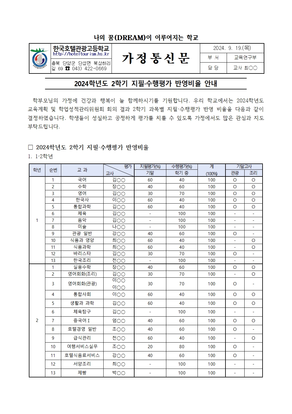 2024학년도 2학기 지필, 수행평가 반영비율 안내 가정통신문 001