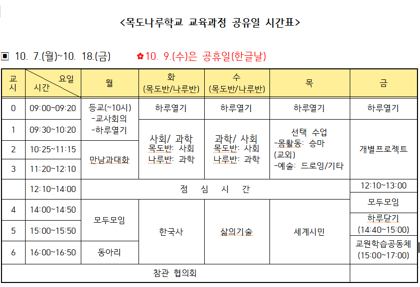 목도나루학교 교육과정 시간표