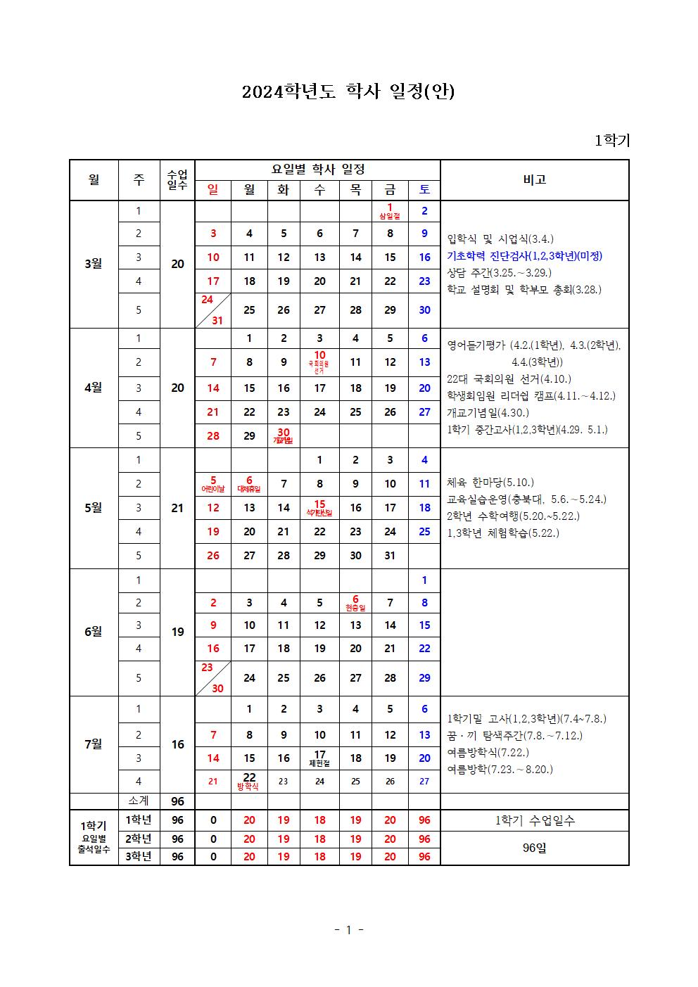 2024학년도 학사일정-1학기