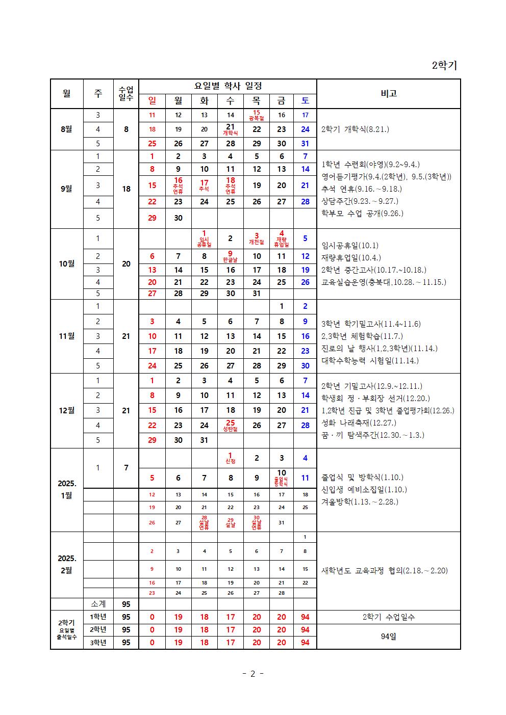 2024학년도 학사일정-2학기