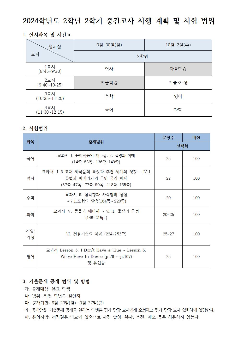 2024학년도 2학년 2학기 중간고사 시행 계획 및 시험범위 안내001