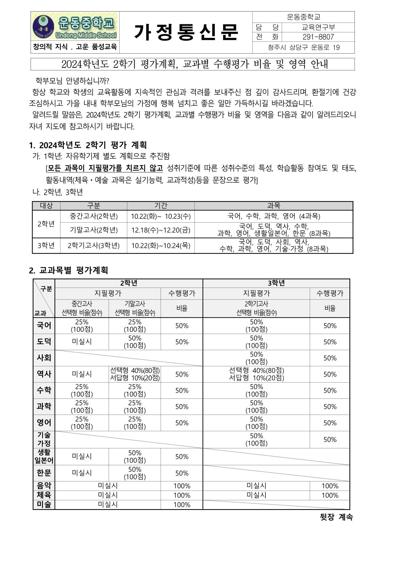 2024. 2학기 평가계획, 교과별 수행평가 비율 및 영역 안내 가정통신문_1