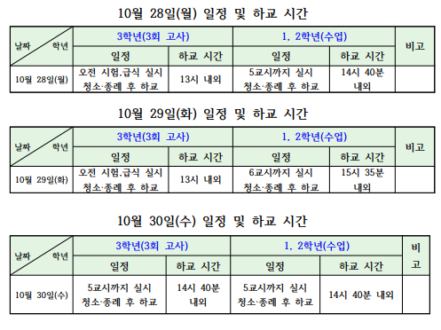 3학년 3회 고사 기간 하교 시간 안내