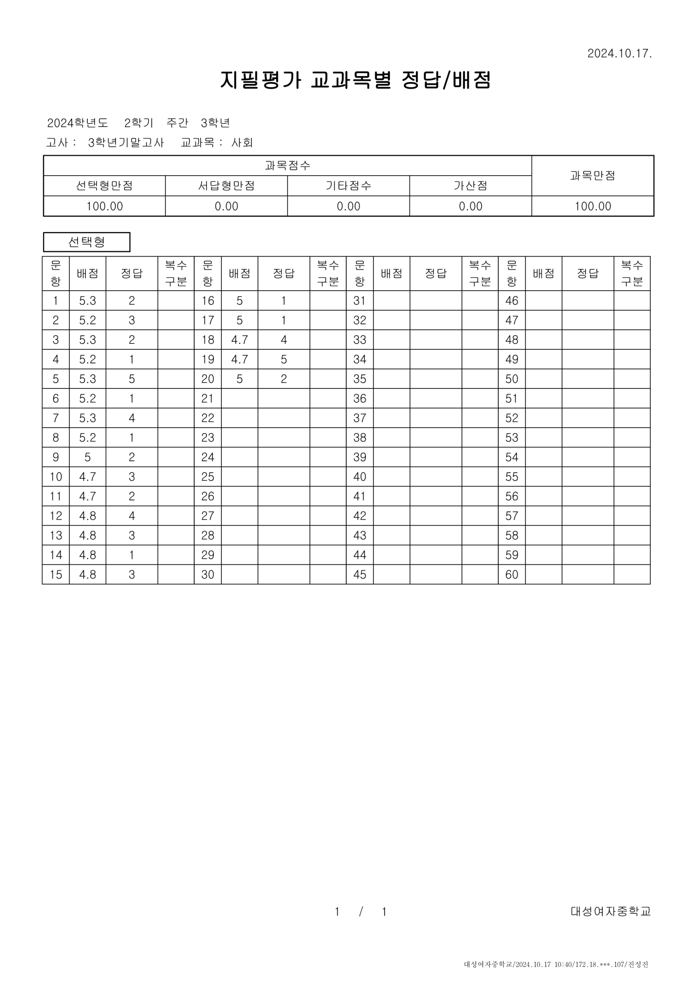 지필평가 교과목별 정답 및 배점