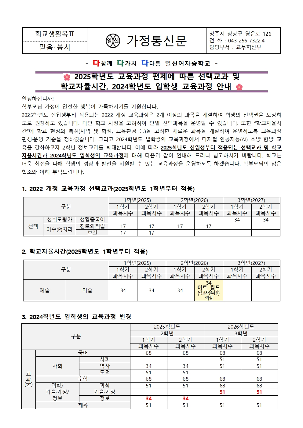 2025학년도 교육과정 편제에 따른 선택교과 및 학교자율시간 안내 가정통신문001