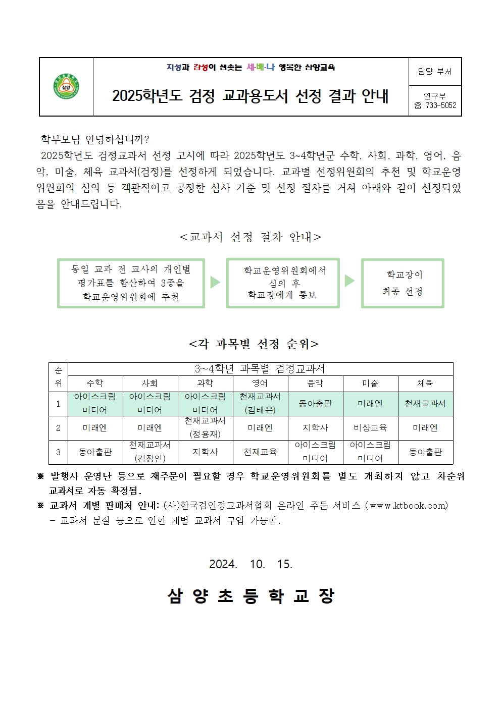 2025학년도 검정 교과서 선정 결과 안내 가정통신문001