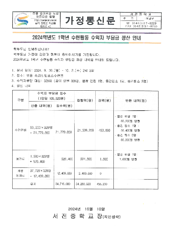 2024 1학년 수련활동 수익자 부담금 정산안내