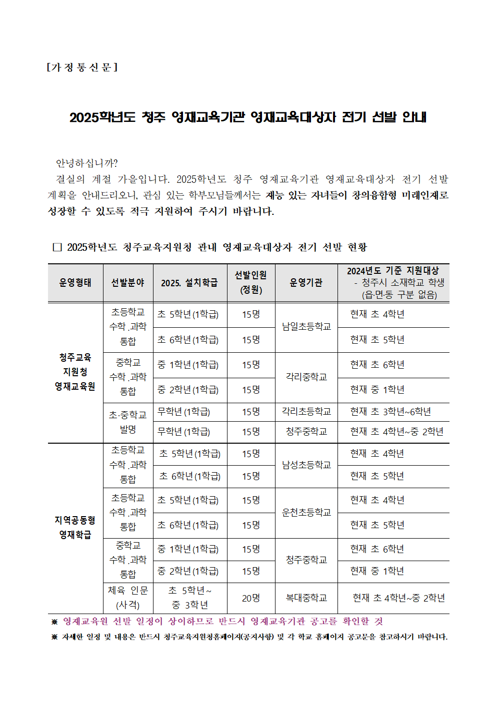 2025학년도 청주 영재교육기관 영재교육대상자 전기 선발 안내001