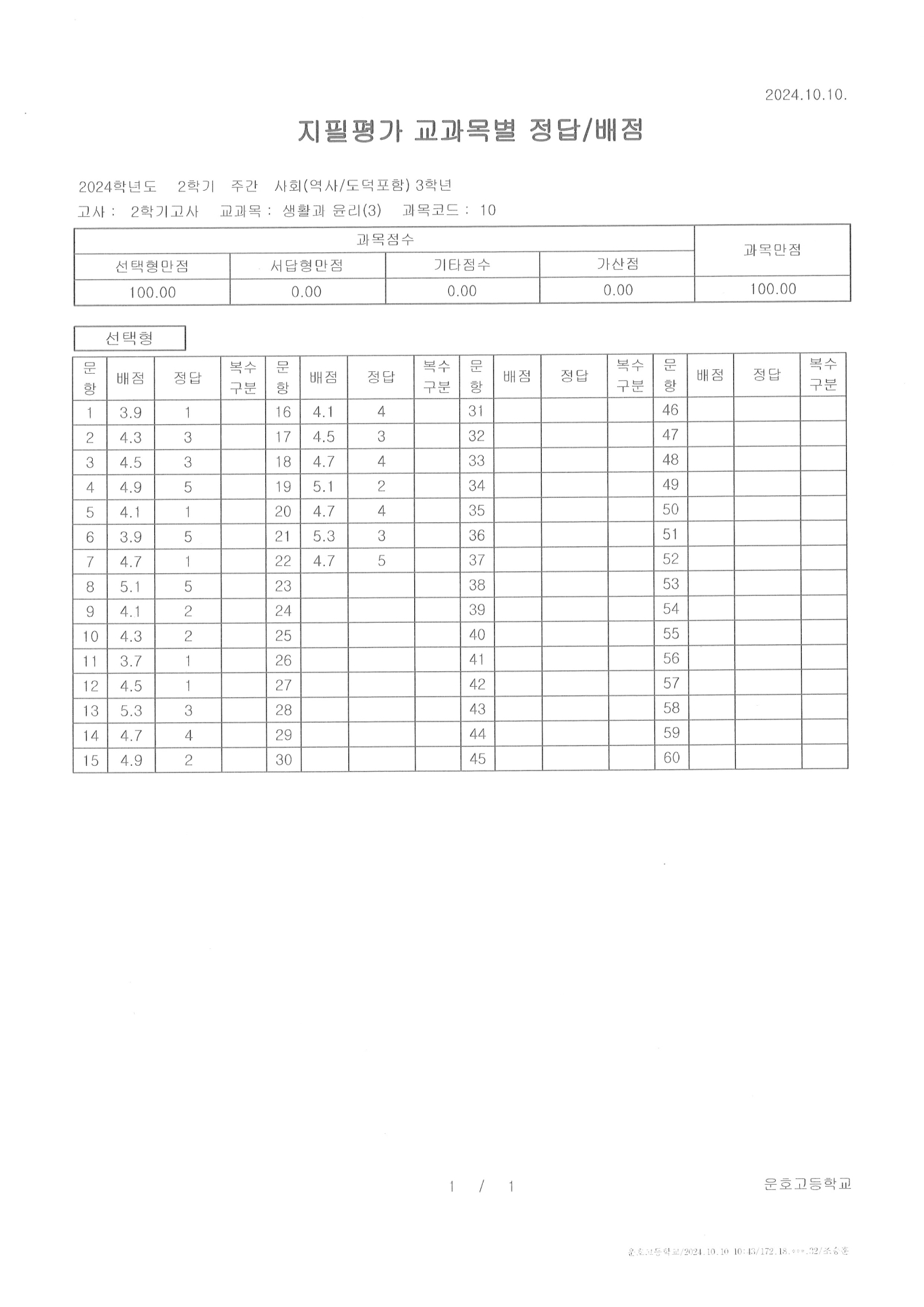 2024. 2학기 고사 생윤 정답