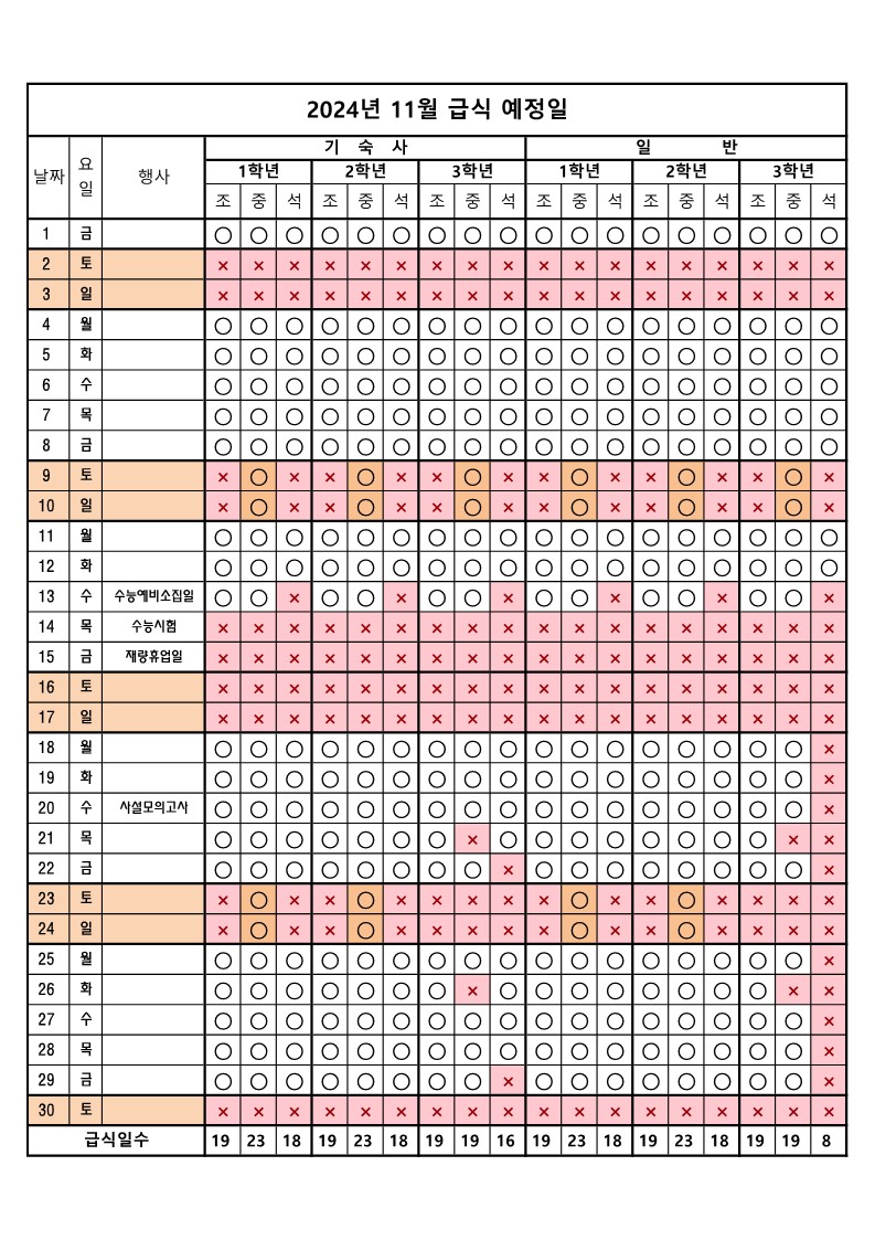 2024년 11월 급식예정일