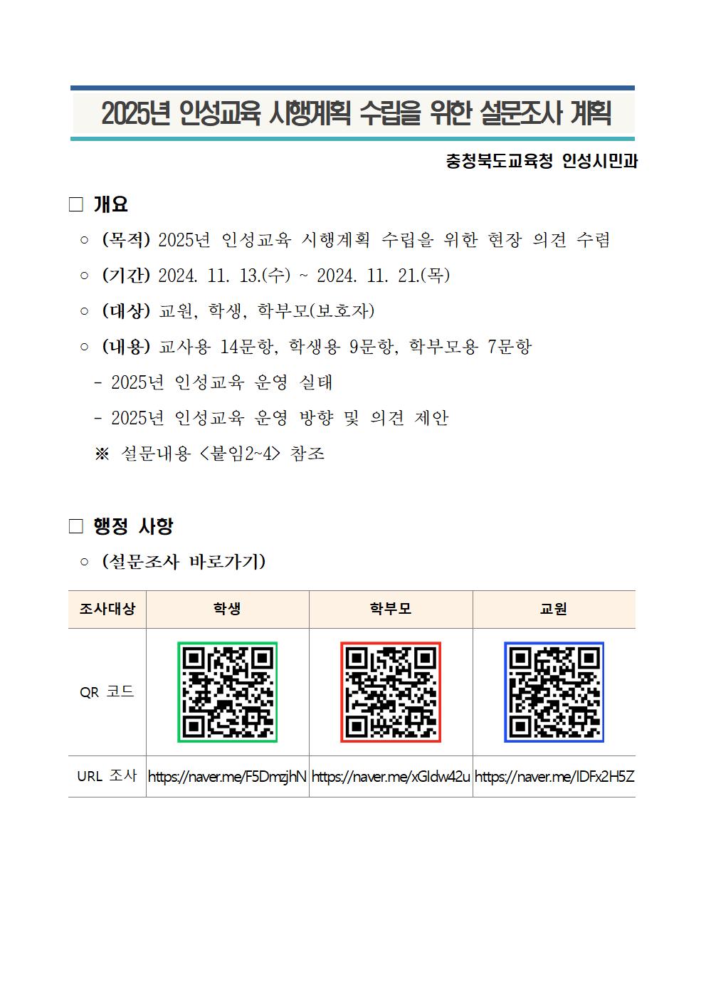 2025년 인성교육 시행계획 수립을 위한 설문조사 계획