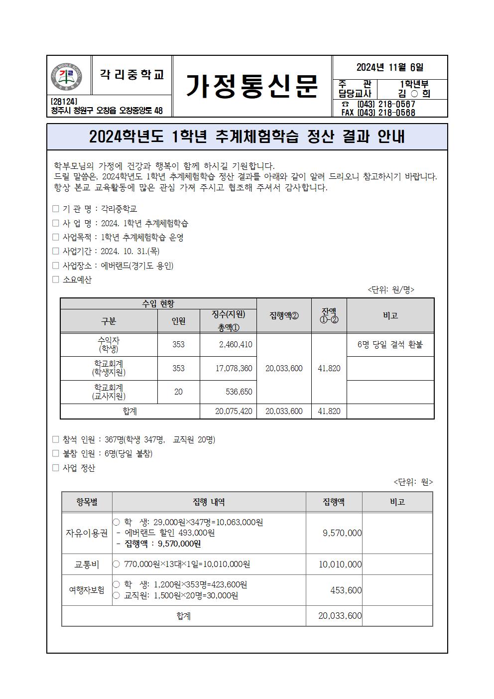 2024. 1학년 추계체험활동 정산 결과 안내 가정통신문001