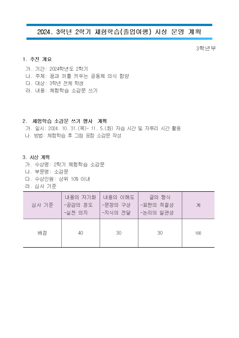 2024. 3학년 2학기 체험학습(졸업여행) 시상 운영 계획001