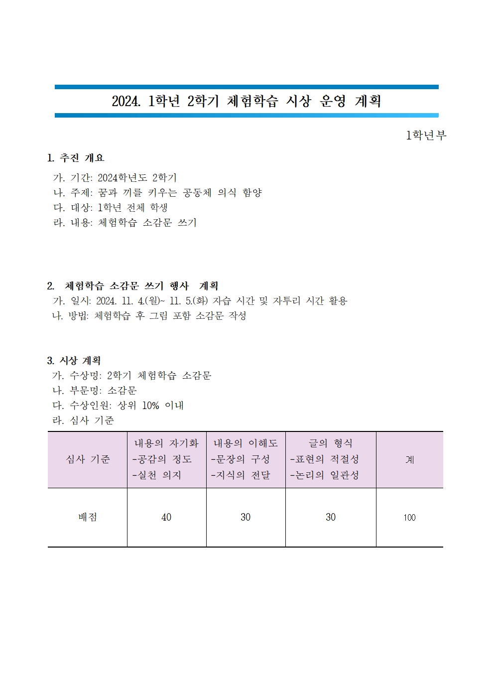 2024. 1학년 2학기 체험학습 시상 운영 계획001