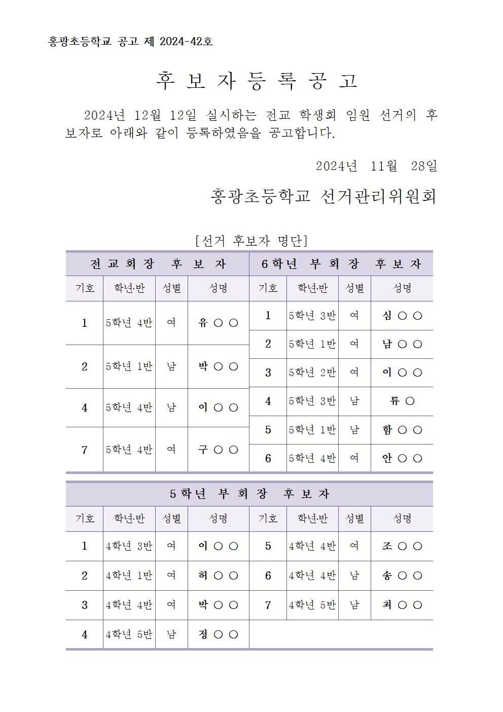 2025학년도 전교 학생회 임원 선거 후보자 등록 공고001