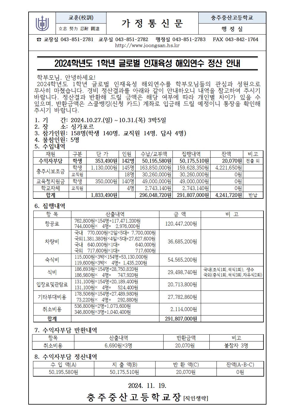 2024학년도 1학년 글로벌인재육성해외연수(현장체험학습비) 정산 안내(가정통신문)001