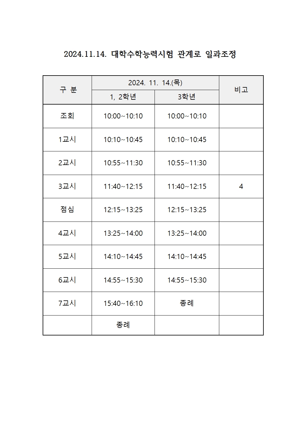 2024.11.14.(목) 대학수학능력시험일 일과 조정001