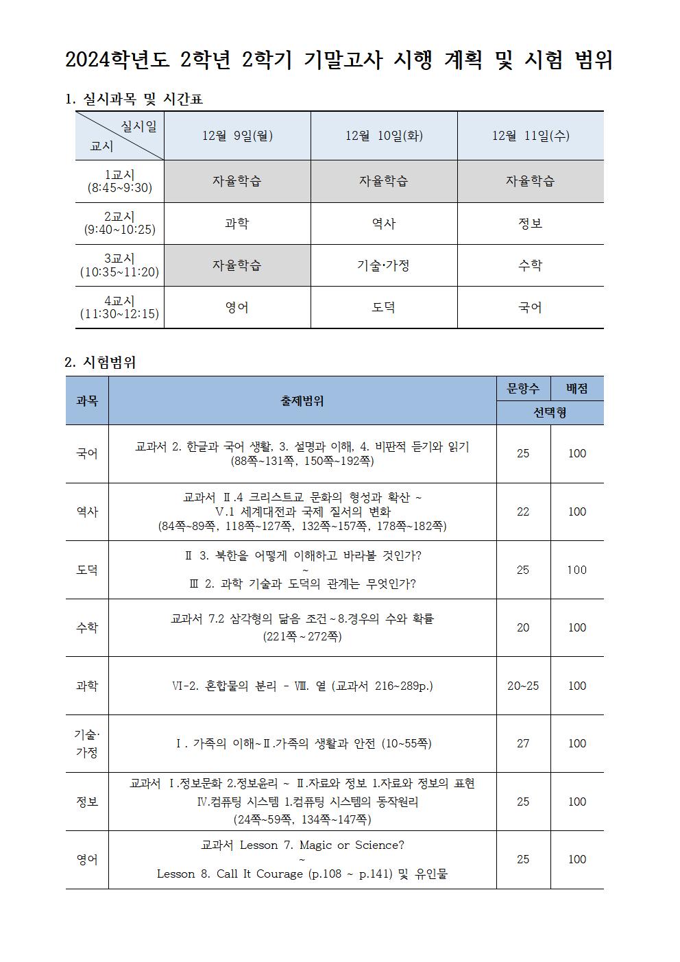 2024학년도 2학년 2학기 기말고사 시행 계획 및 시험범위 안내001