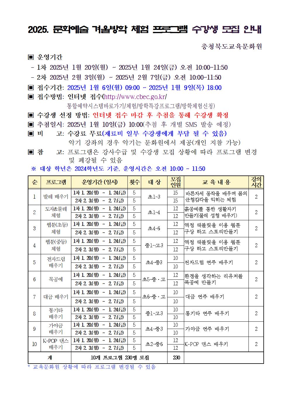 2025년 문화예술 겨울방학 체험 프로그램 모집 안내문001