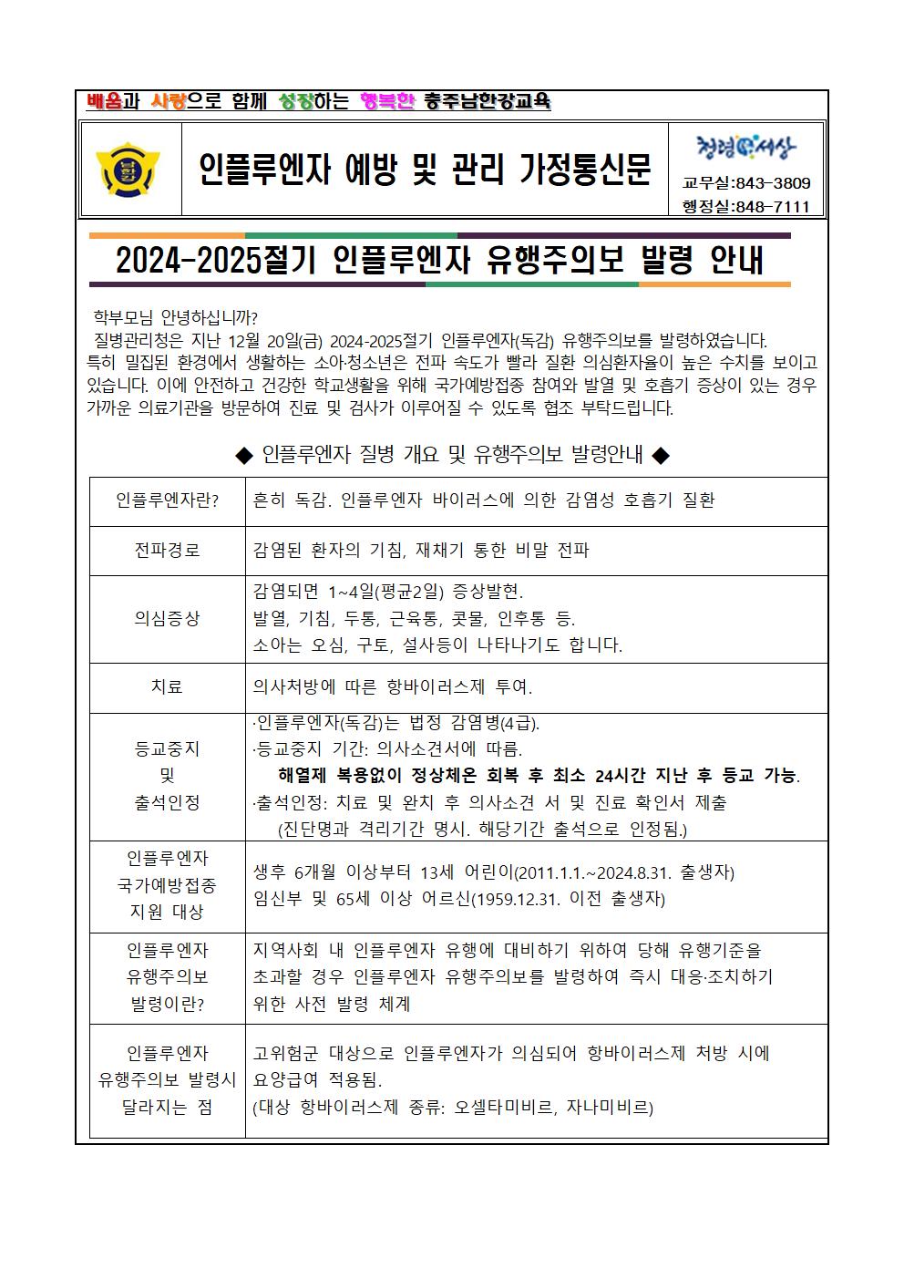 2024-2025절기 인플루엔자 유행주의보 발령 안내001