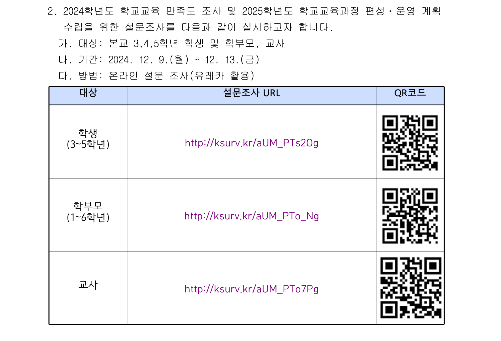 2024학년도 학교교육 만족도 조사 및 2025학년도 학교교육과정 수립을 위한 설문조사