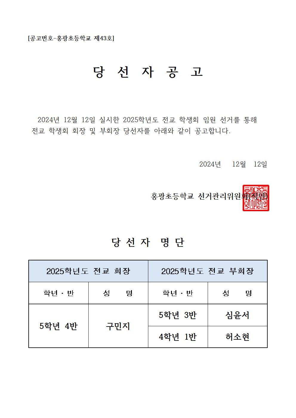 2025학년도 전교 학생회 임원 선거 당선자 공고001