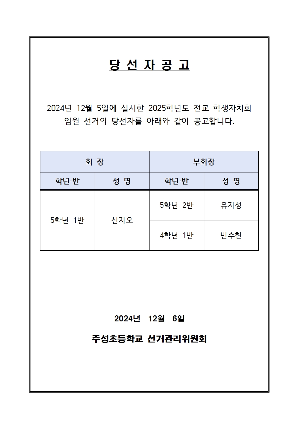 2025학년도 전교 학생자치회 임원 선거 당선자공고001