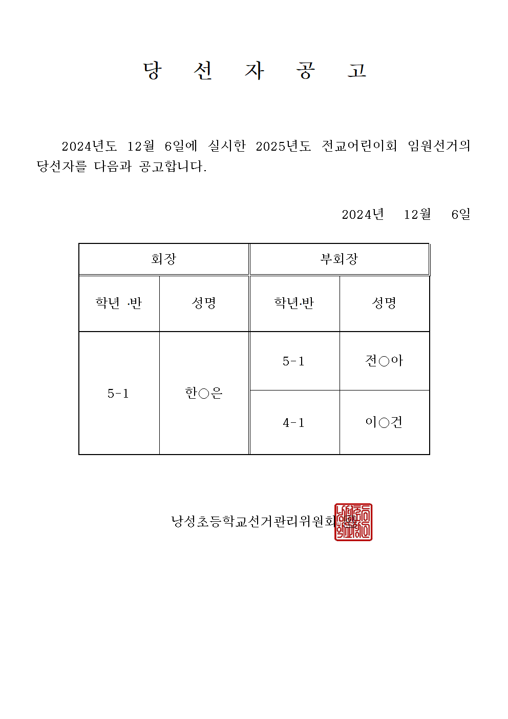 2025. 전교 학생자치회 선거 당선자 공고문(학교홈페이지)