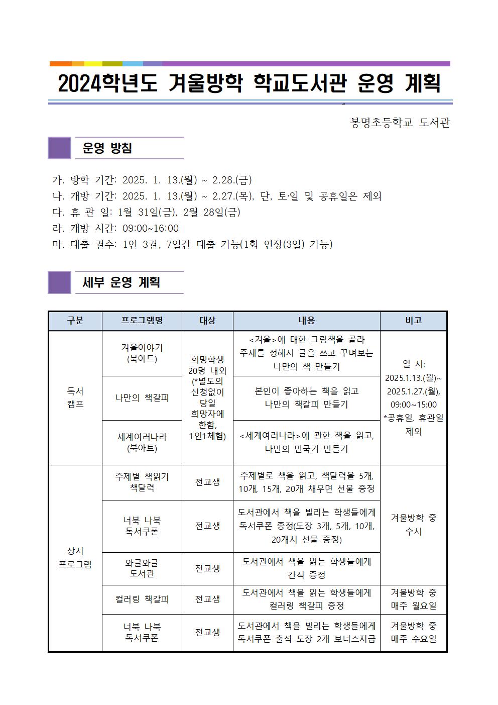 2024학년도 겨울방학 학교도서관 운영 계획 - 복사본001