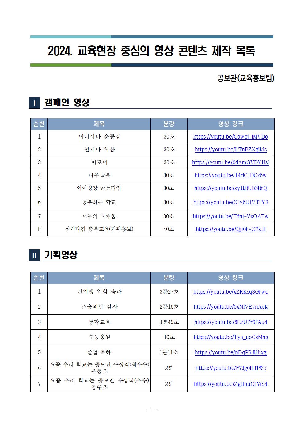 [운호고등학교-573 (첨부) 충청북도교육청 공보관] 2024. 교육현장 중심의 영상 콘텐츠 제작 목록001