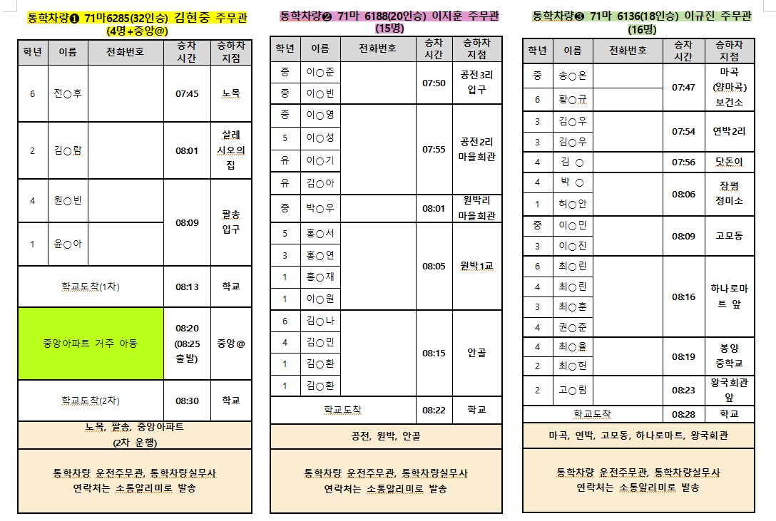 2025. 통학버스 운행 시간표(등교)