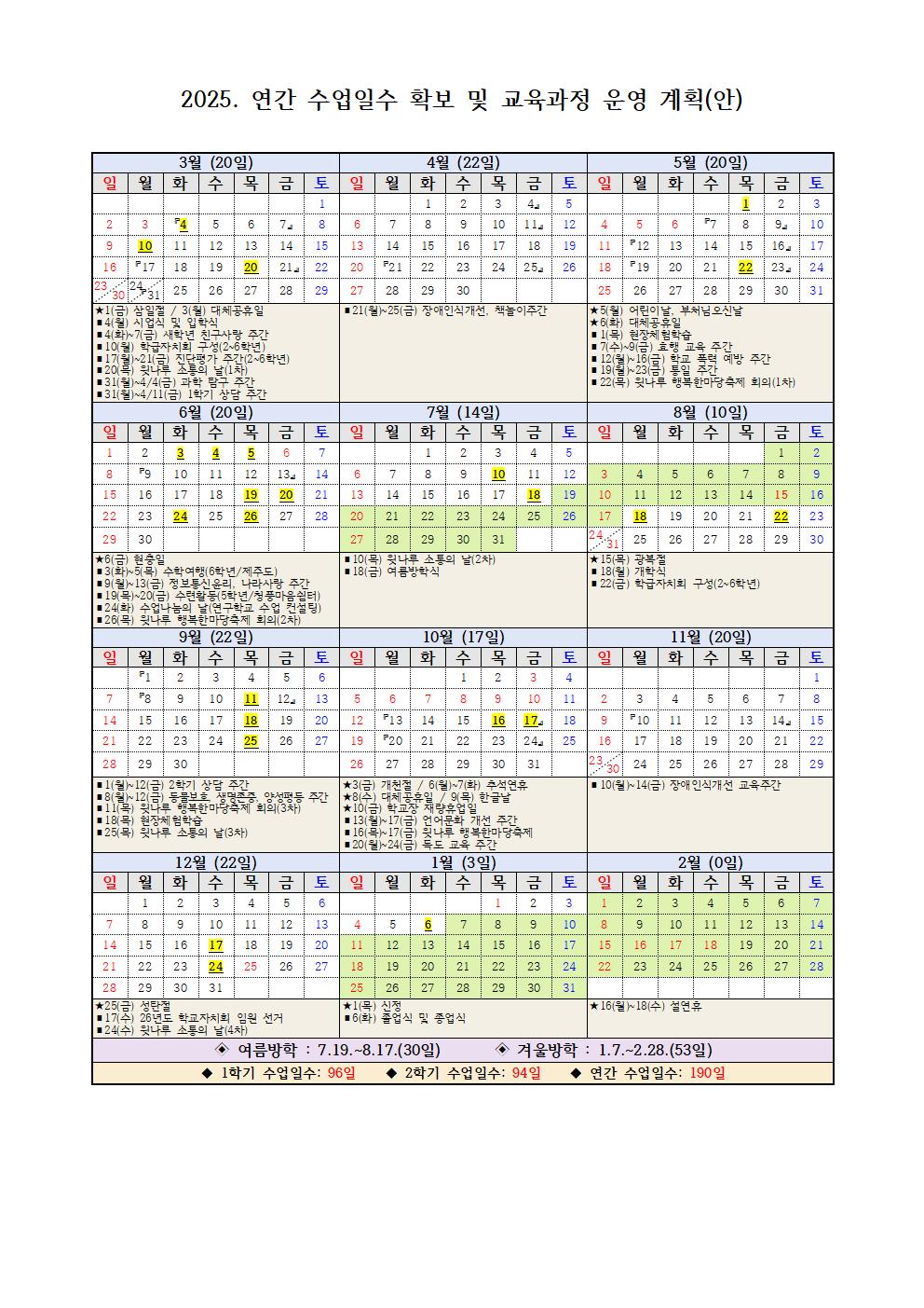 2025. 연간 수업일수 확보 및 교육과정 운영 계획(안)001001