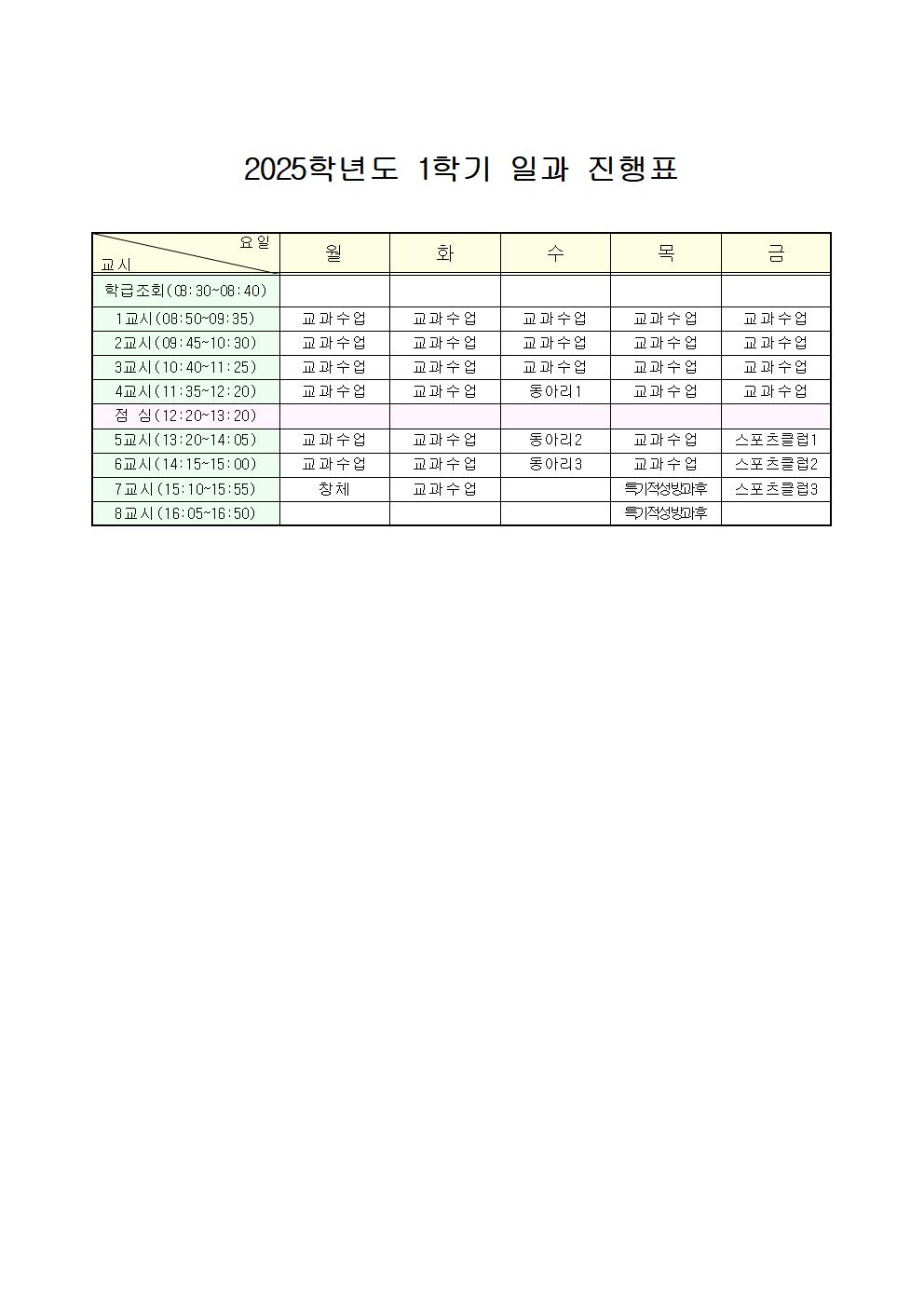 2025학년도 1학기 일과 진행표001