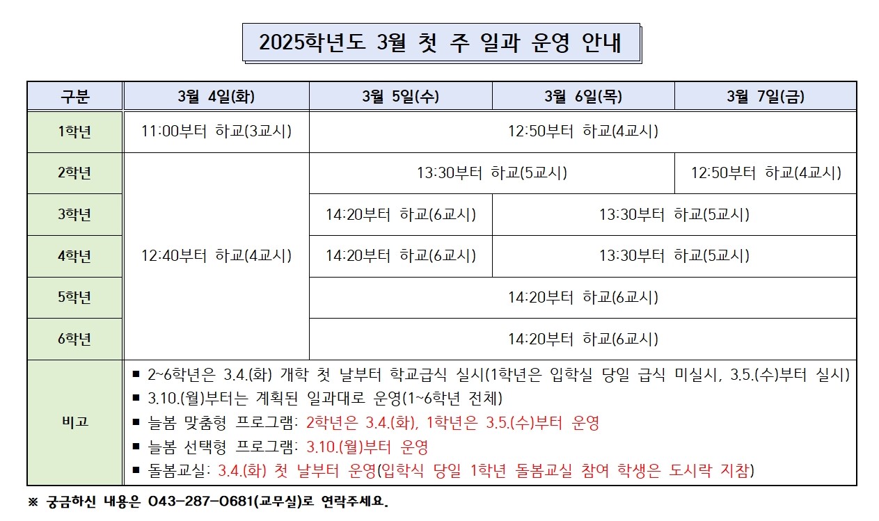 2025학년도  3월 첫 주 일과 운영 안내