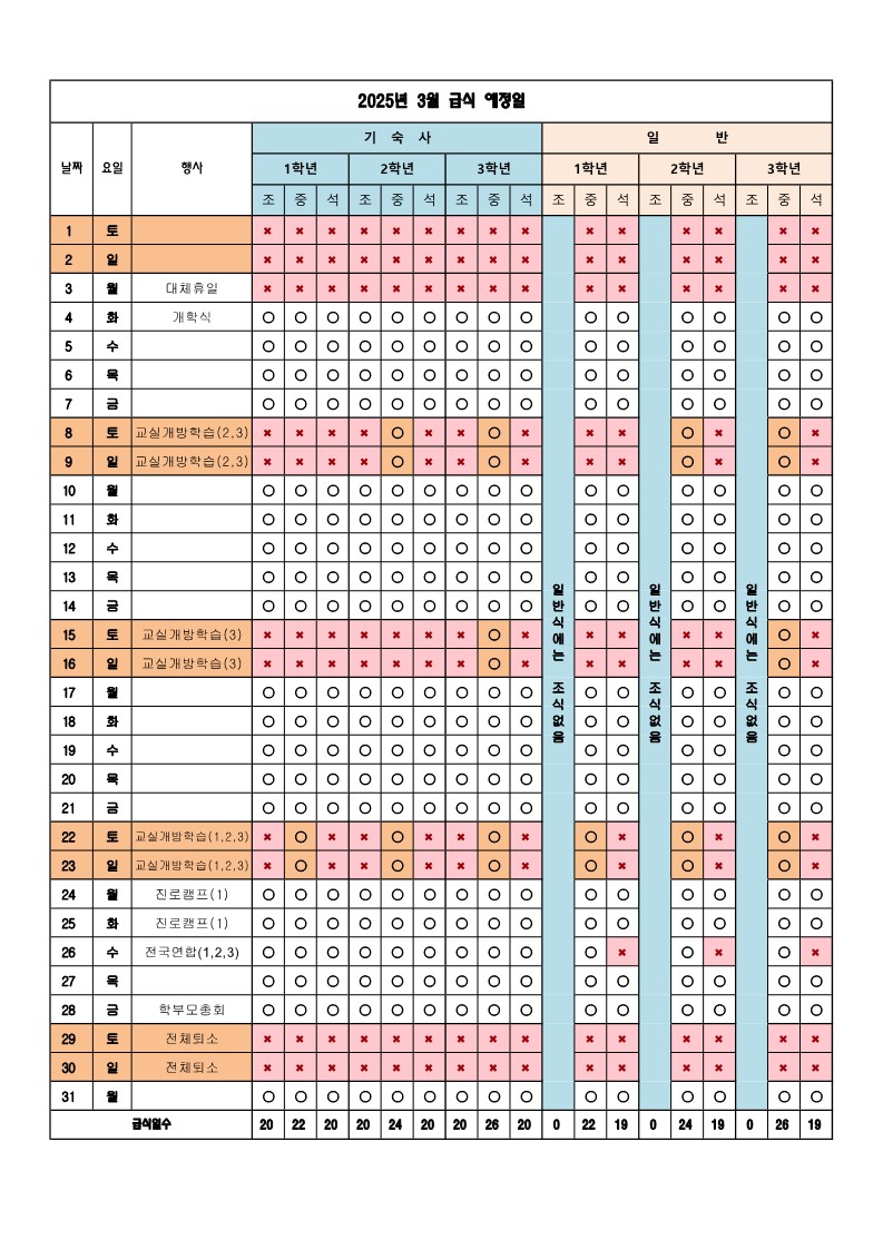 3월 급식예정일