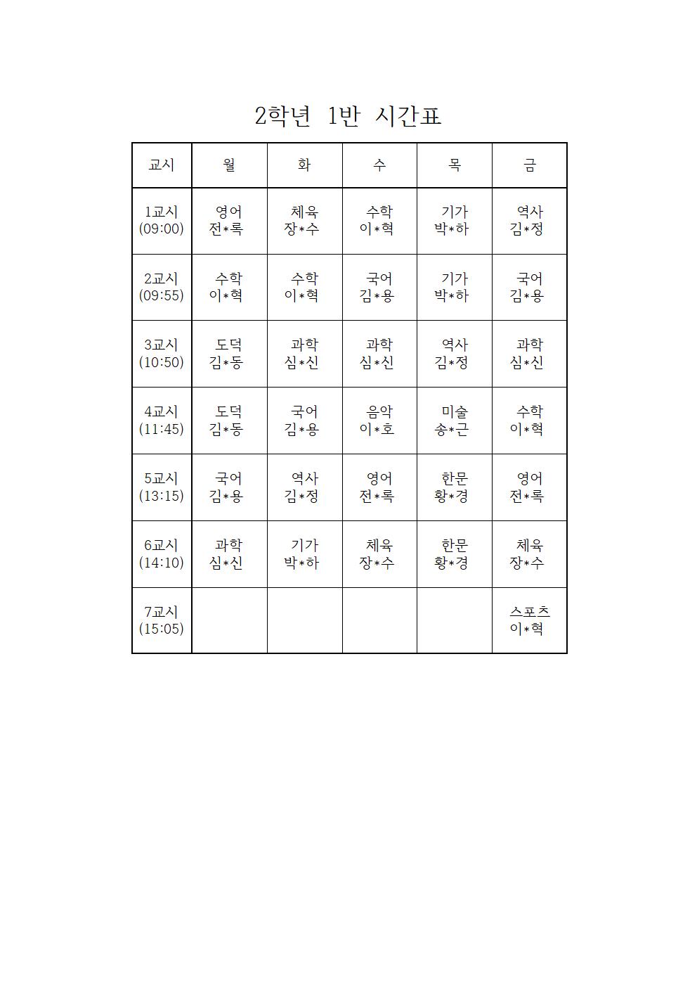 [백운중학교-1364 (첨부)] 2025학년도 1학기 학급시간표002