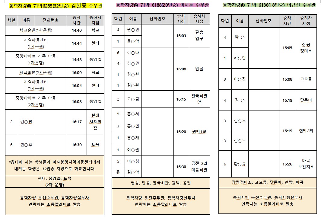 2025. 통학버스 운행 시간표(하교 3.14)