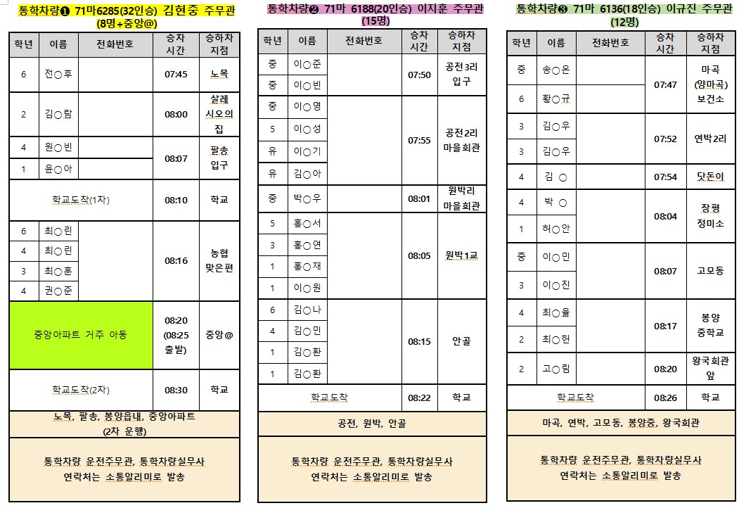 2025. 통학버스 운행 시간표(등교 3.14)