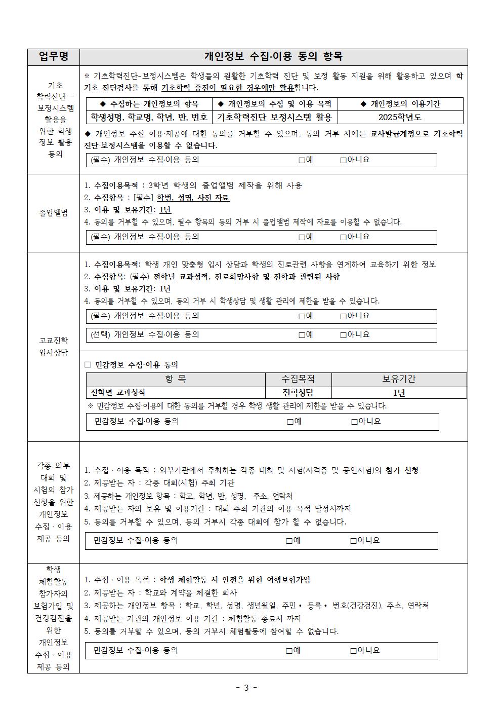 2025학년도 개인정보 수집·활용 동의 안내 가정통신문004