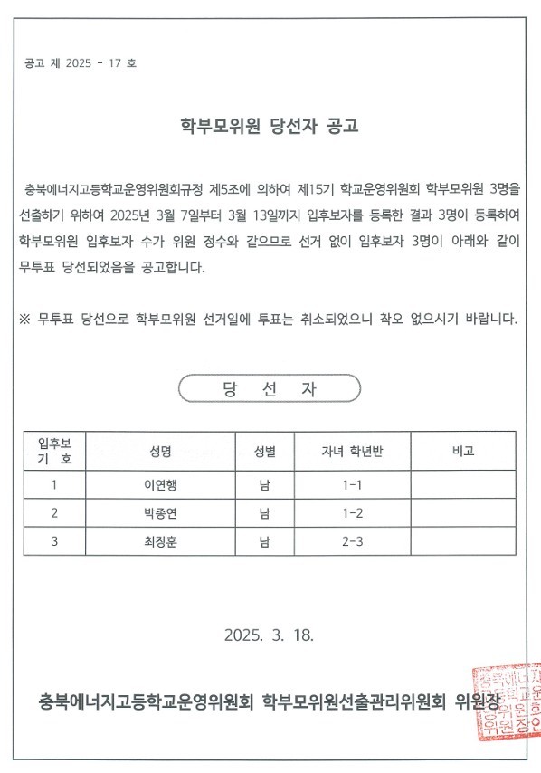 학부모위원 당선자 공고