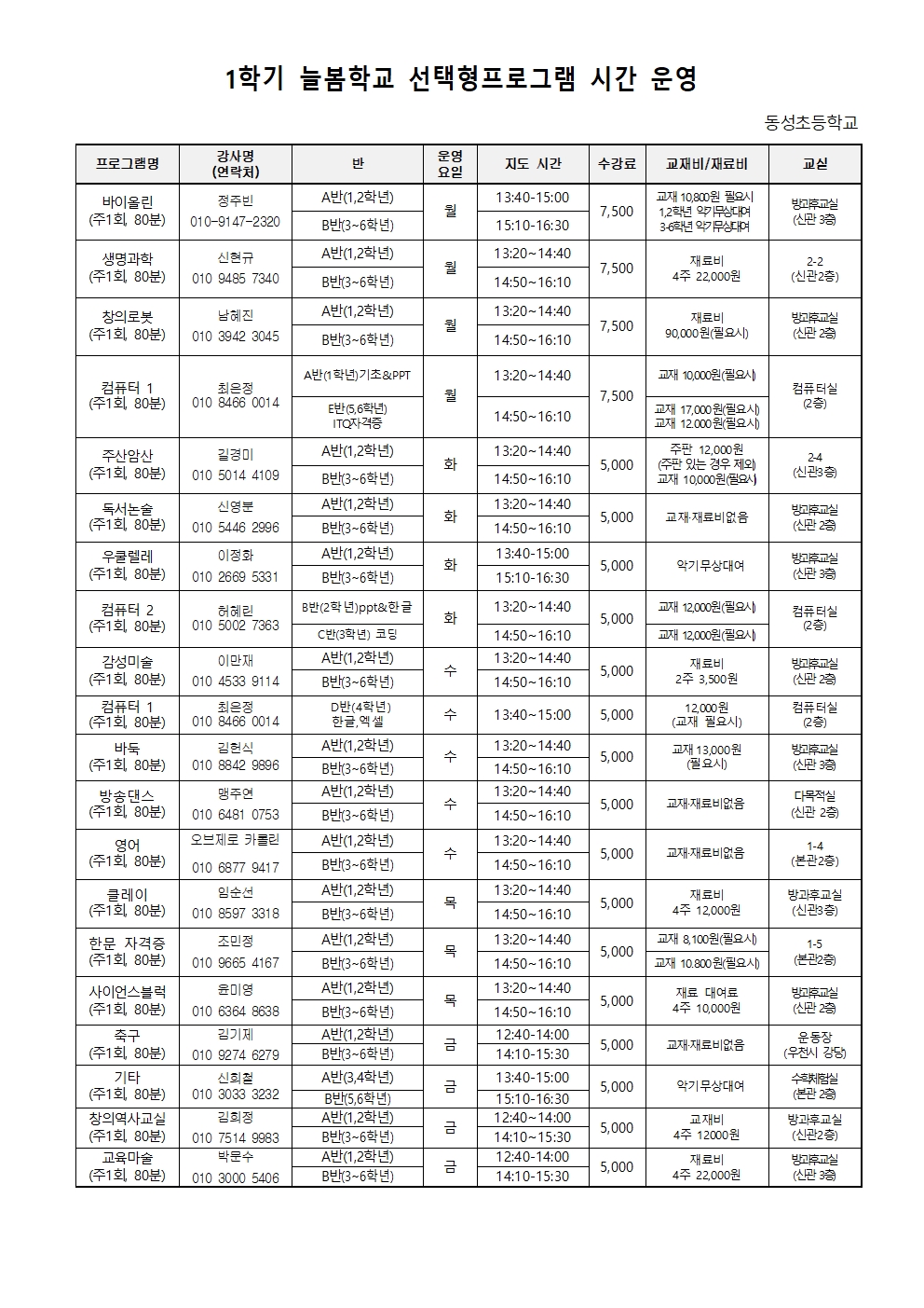 2025. 1학기 늘봄학교 선택형 프로그램 수강신청 및 수업 안내 가정통신문002