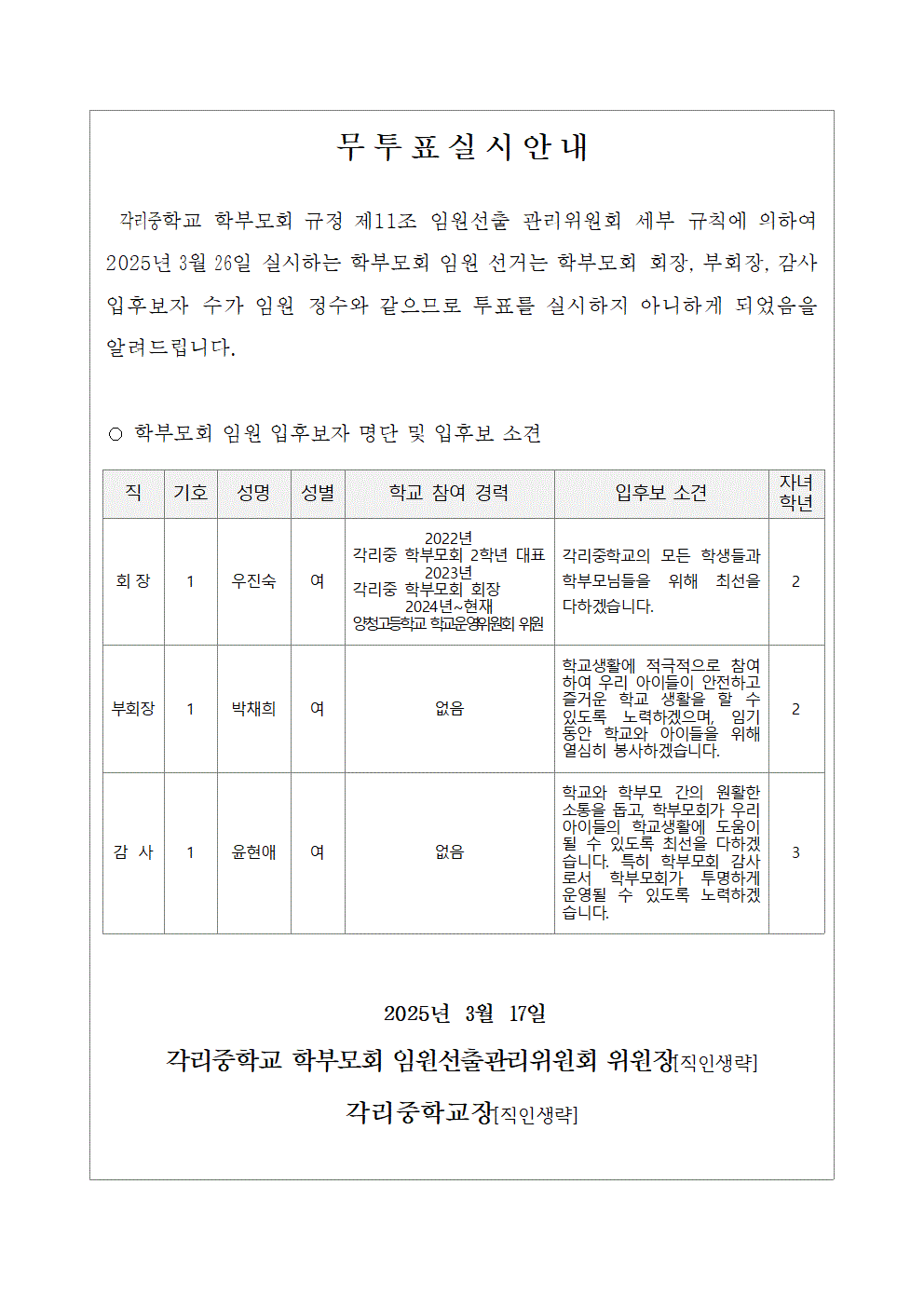 학부모회 임원 입후보 등록 결과 공보 및 무투표실시 안내