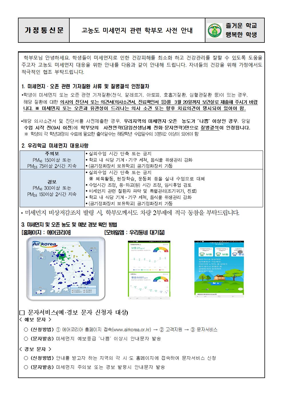 고농도 미세먼지 관련 학부모 사전 안내 가정통신문(죽림초)001